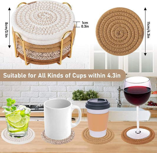 OIAHOMY 8 Pcs Coasters with Holder for Beer, Coffee, Woven Cotton Coaster Set for Table Decor for Kitchen, Bar, Dining Room, Living Room, Housewarming Gifts - Yellow