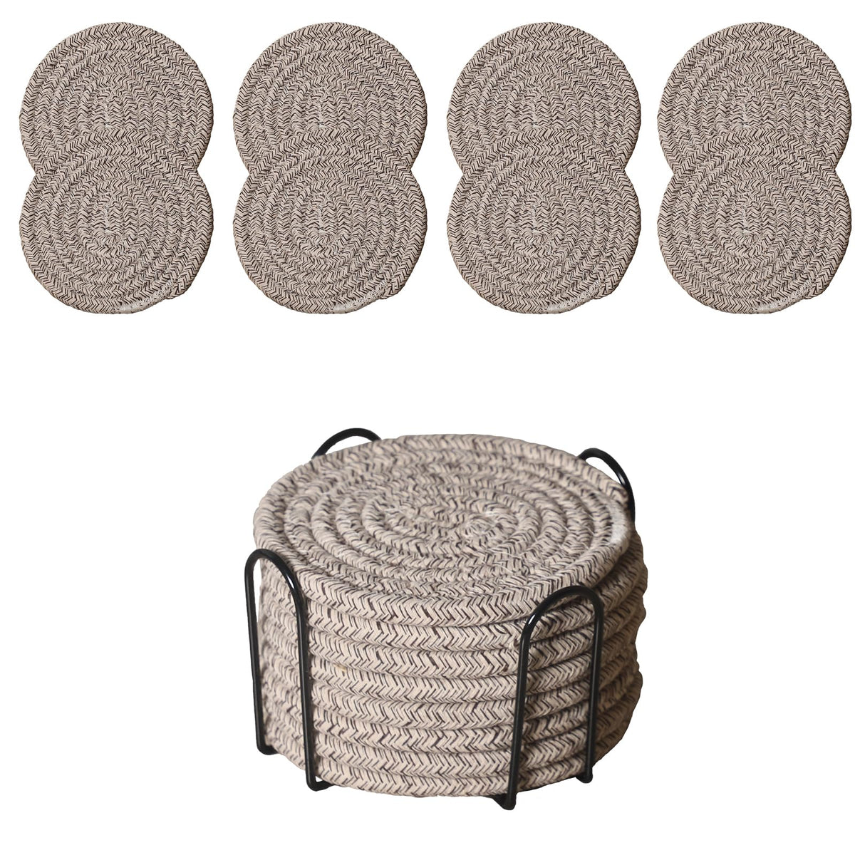Drink Coasters Set of 8 with Holder, Cotton Woven