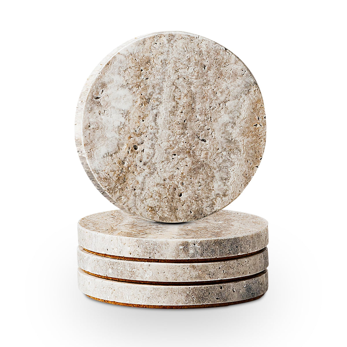 Natural Travertine Marble Coasters Set of 4-4" Round Stone Drink Coasters, Non-Slip Cork Backing, Housewarming Gift, Wedding, Protect Tables from Stains & Scratches (BD140)