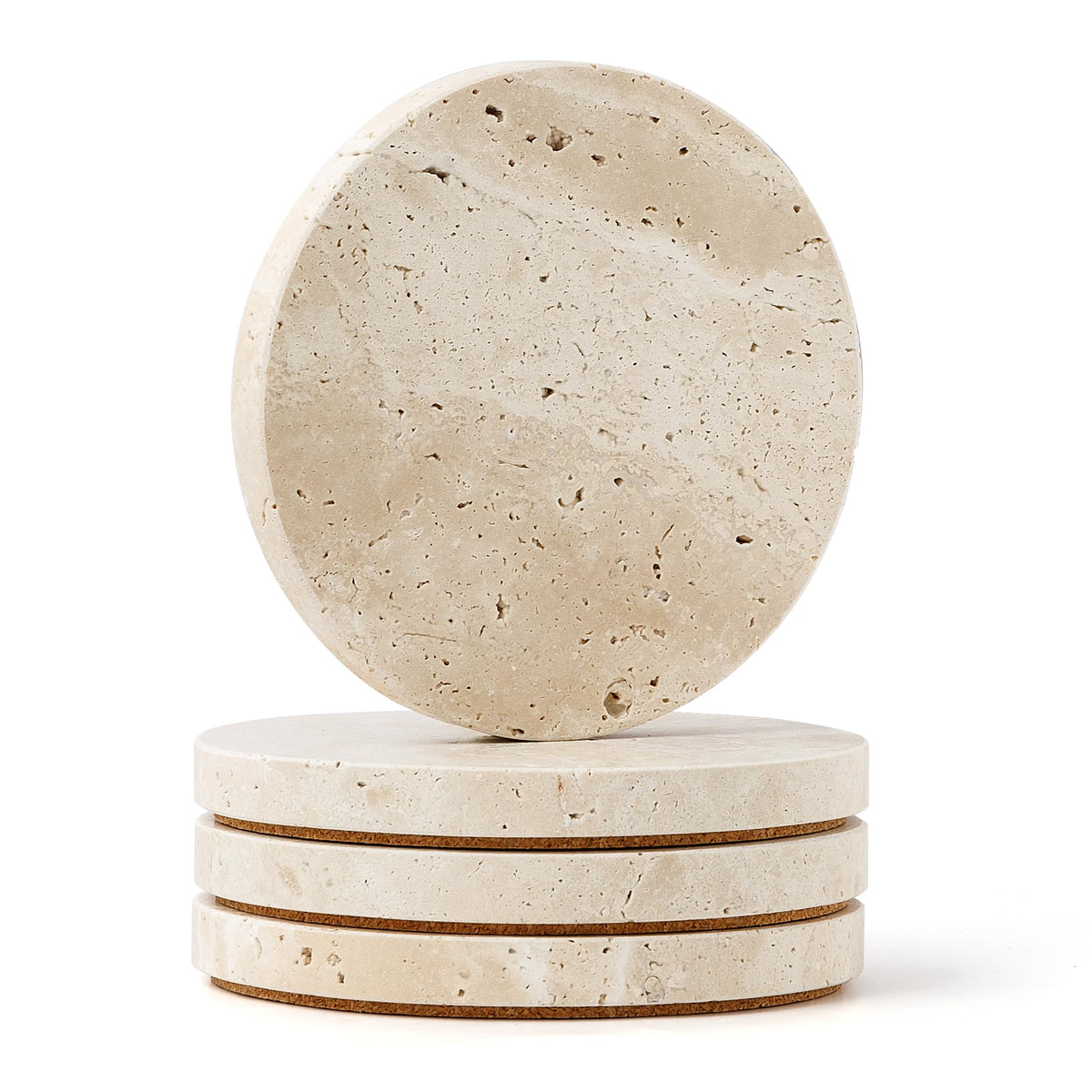 Natural Travertine Marble Coasters Set of 4-4" Round Stone Drink Coasters, Non-Slip Cork Backing, Housewarming Gift, Wedding, Protect Tables from Stains & Scratches (BD140)