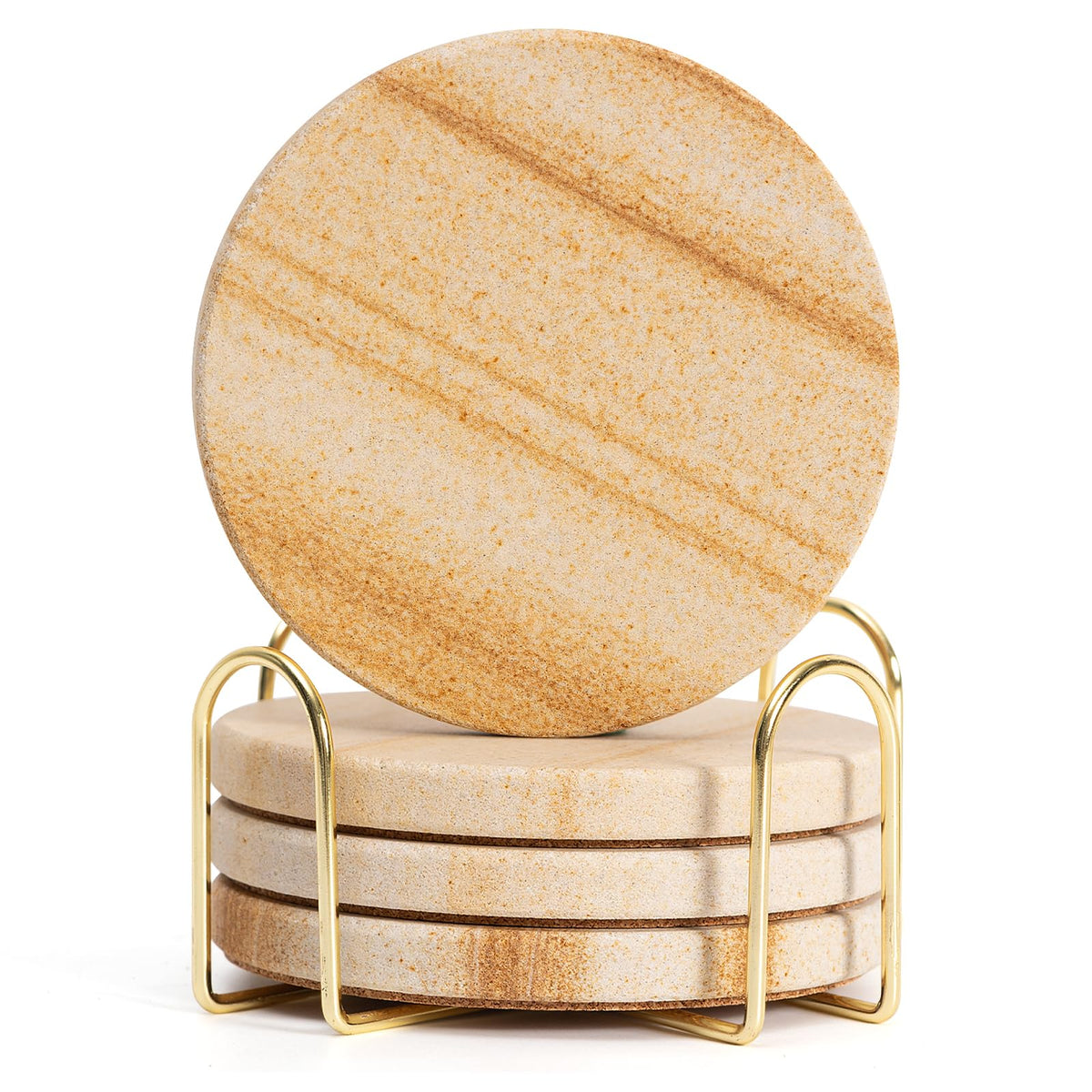 Absorbent Sandstone Drink Coasters Set of 6 with Holder, 4" Round