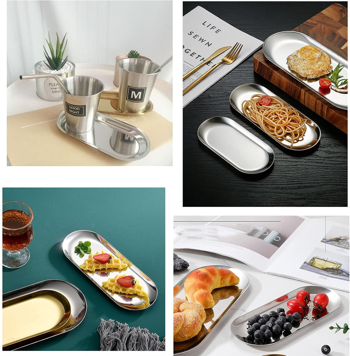 1 Pcs Gold Trinket Tray Oval Stainless Steel Small Serving Trays Towel Storage Dish Plate Tea Fruit Trays Jewelry Plate Decorative Storage Tray (Gold 1pcs, 9 x 3.8 Inch)