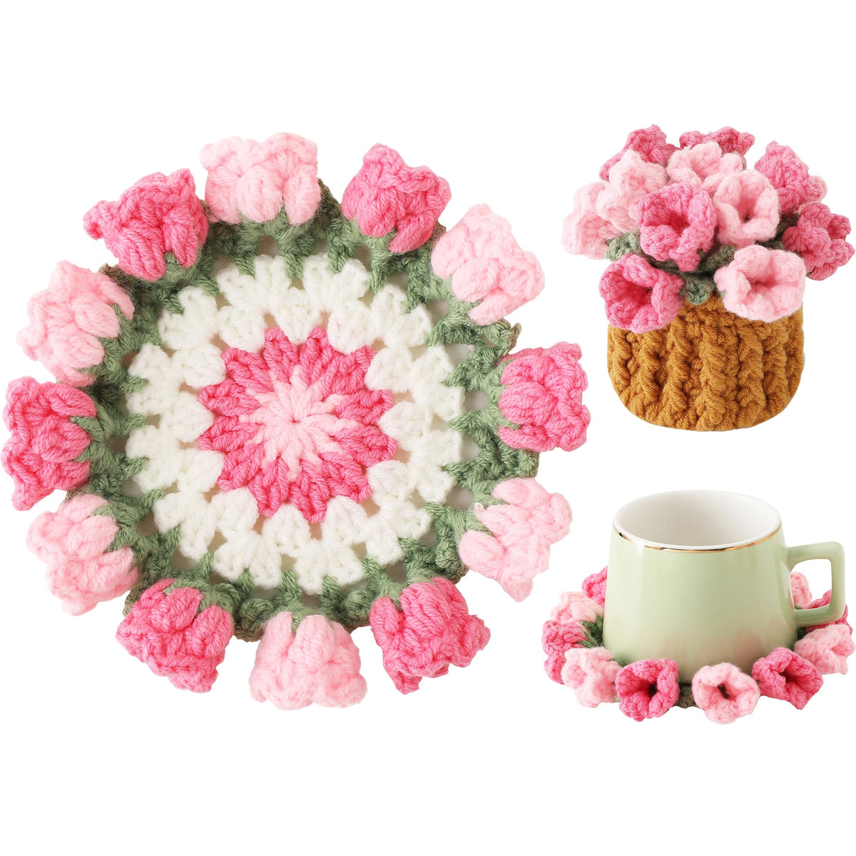 Crochet Flower Coasters, Handmade Bouquet Coasters with Crochet Plant Pot (Pink, 1Pc)