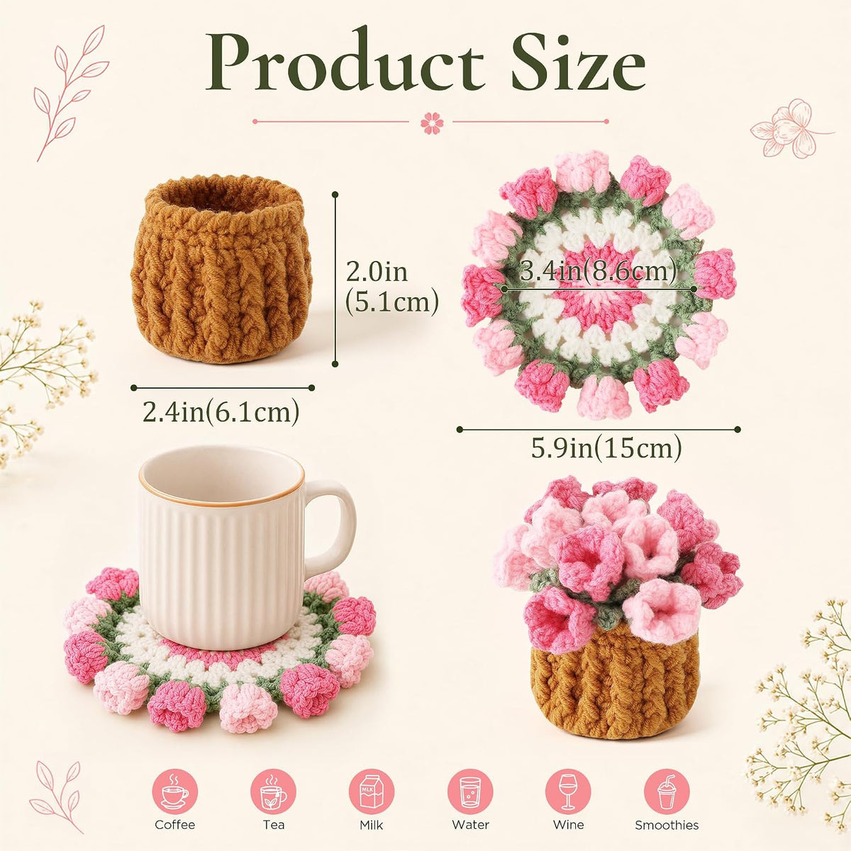 Crochet Flower Coasters, Handmade Bouquet Coasters with Crochet Plant Pot (Pink, 1Pc)