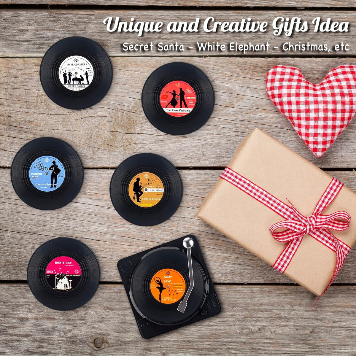 Retro Vinyl Record Coasters with Player, Set of 6 Music Coasters for Drinks