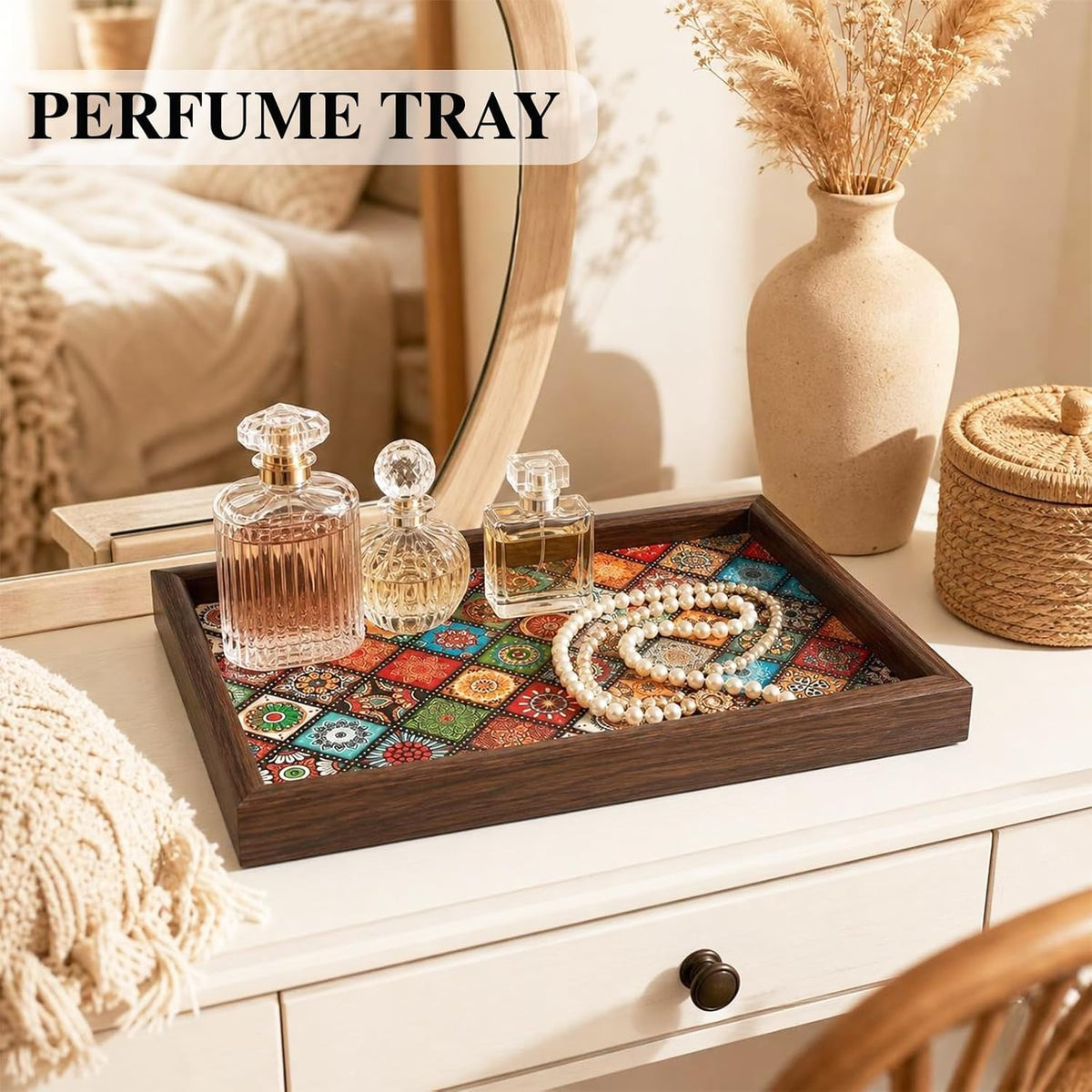 Decorative Wood Serving Tray with Boho Mandala Print, 11.8x7.87 Inch, for Coffee Table, Vanity, Nightstand, Countertophome, Centerpieces, Living Room Decor, Key Bowl, Valet Tray