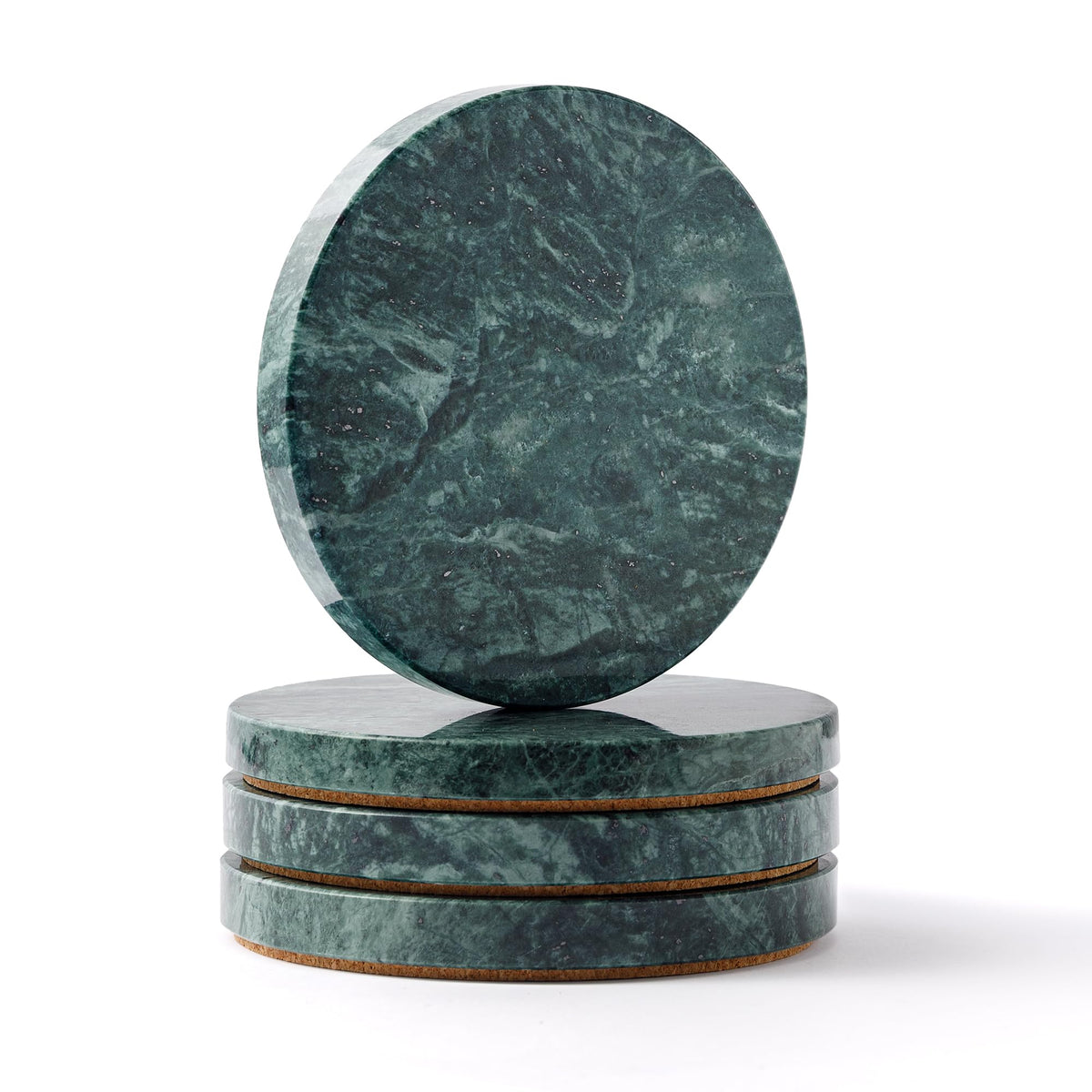 Natural Travertine Marble Coasters Set of 4-4" Round Stone Drink Coasters, Non-Slip Cork Backing, Housewarming Gift, Wedding, Protect Tables from Stains & Scratches (BD140)