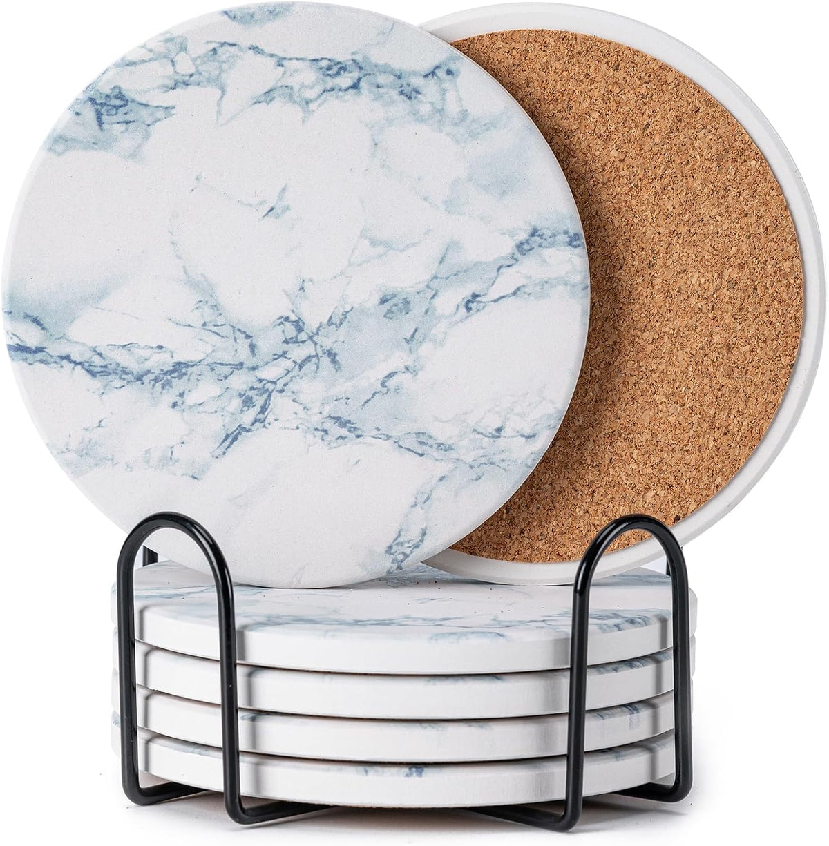 6Pcs Absorbent Coasters Set with Holder,Ceramic Drink Coaster,4 in（A6）
