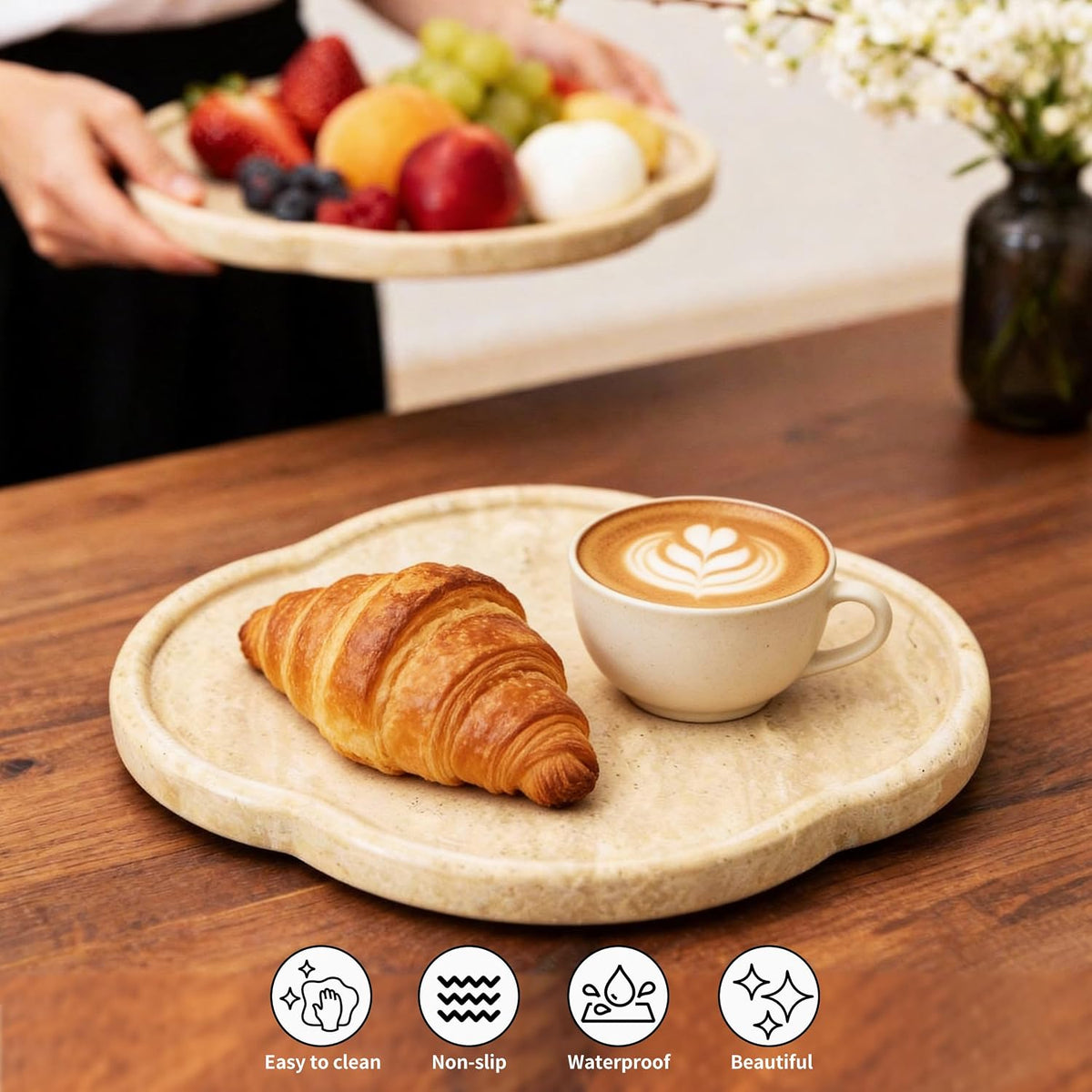 Natural Travertine Decorative Marble Tray - Petal Shaped