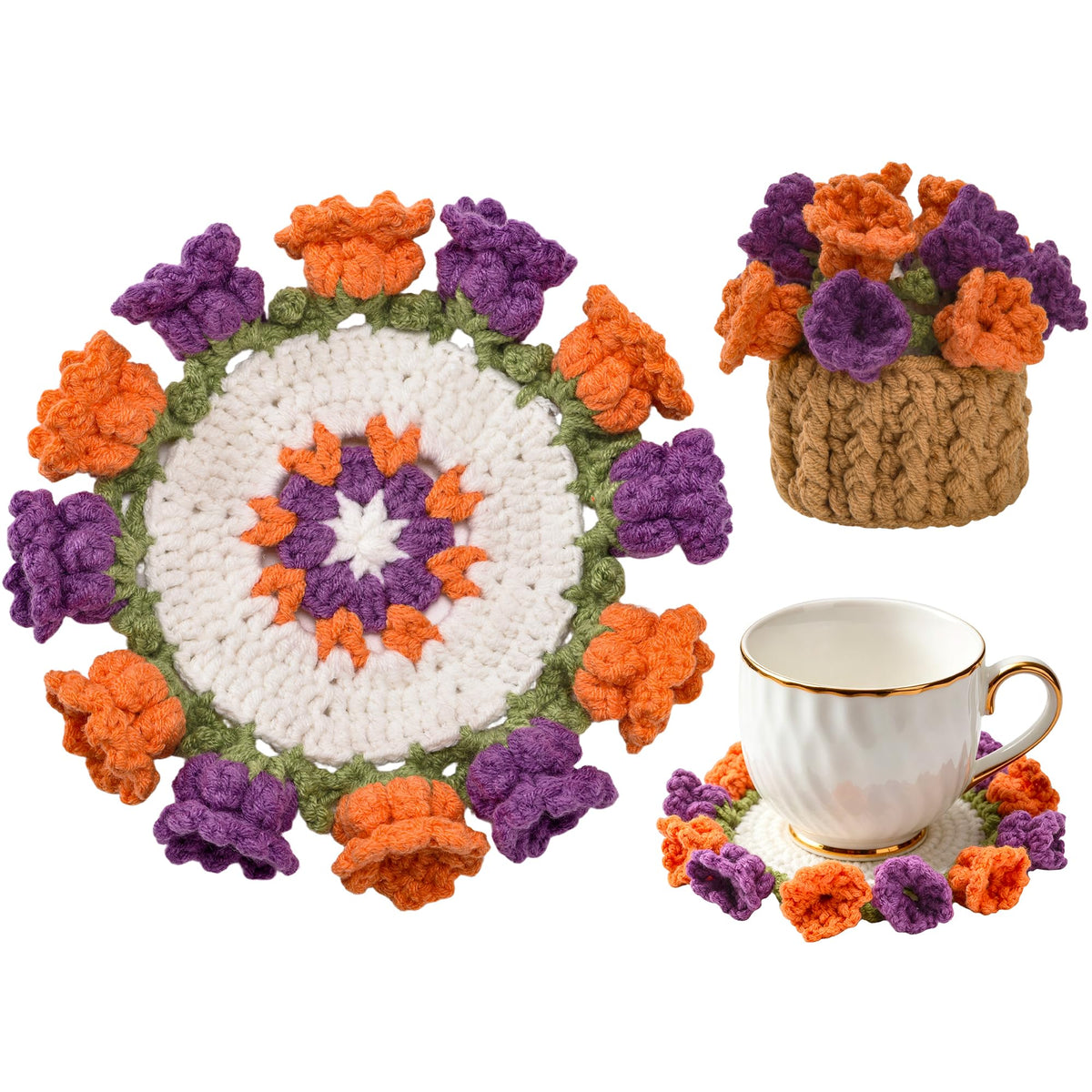 Crochet Flower Coasters, Handmade Bouquet Coasters with Crochet Plant Pot (Pink, 1Pc)