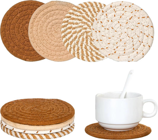 Desk Coasters Set of 4, Cute Coaster for Desk, Round Handmade Woven Coaster for Boho Home Decor, CupCoasters for Office Kitchen Dining Room Bar Farmhouse, Coasters Set for Drinks, Beer, Coffee
