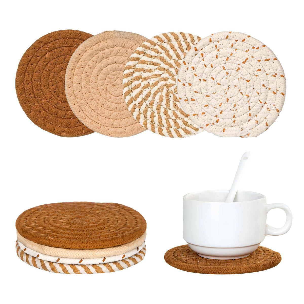 Desk Coasters Set of 4, Cute Coaster for Desk, Round Handmade Woven Coaster for Boho Home Decor, CupCoasters for Office Kitchen Dining Room Bar Farmhouse, Coasters Set for Drinks, Beer, Coffee