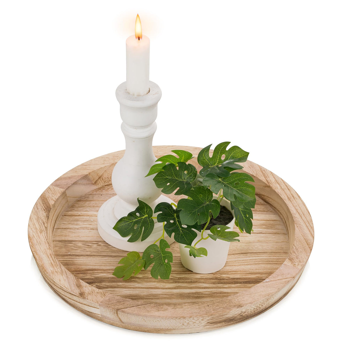 Hanobe Wooden Tray for Coffee Table, Decorative Round Candle Holder Plate