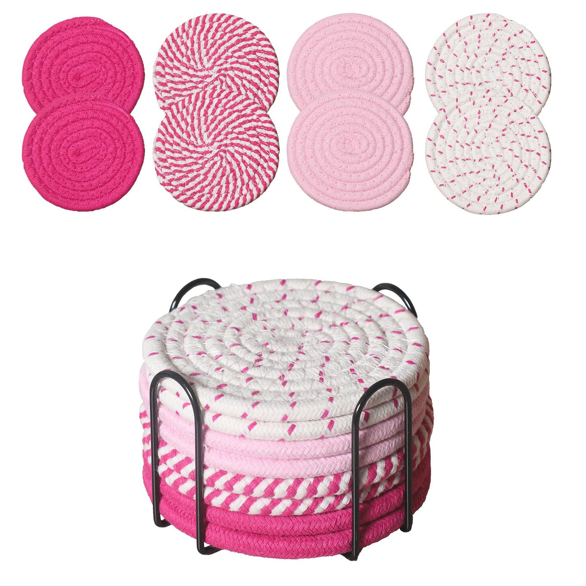 Drink Coasters Set of 8 with Holder, Cotton Woven