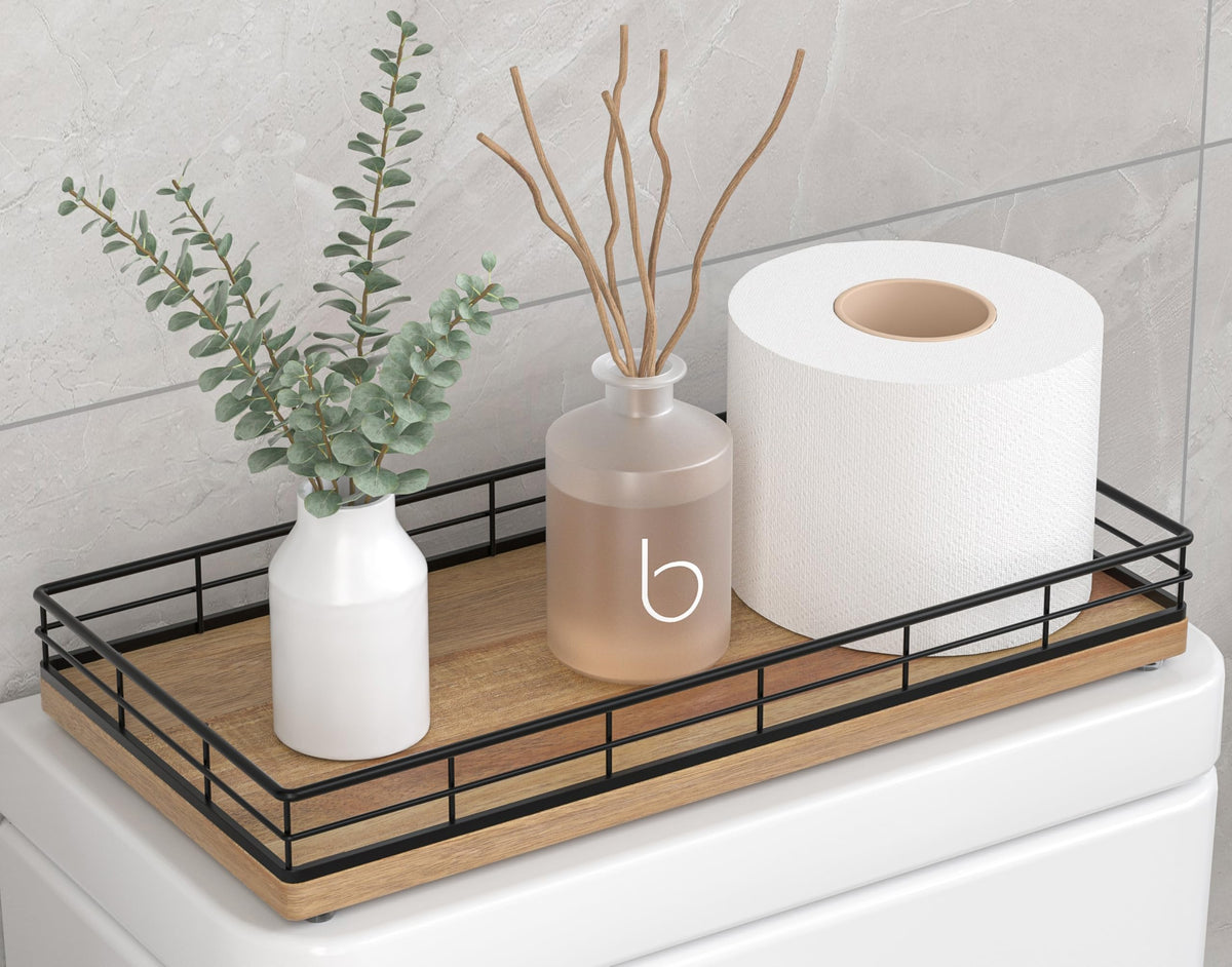 Bathroom Tray for Counter Top Organizer, Oak Wood Vanity Tray