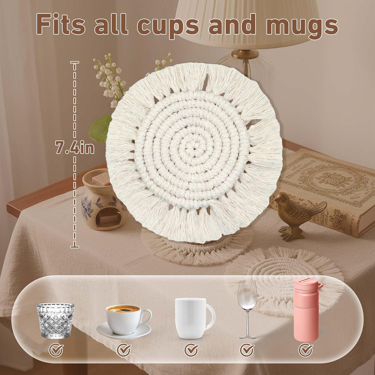 Coomin Boho Coasters for Drinks, Handmade Coasters 7.4in, 2p Beige