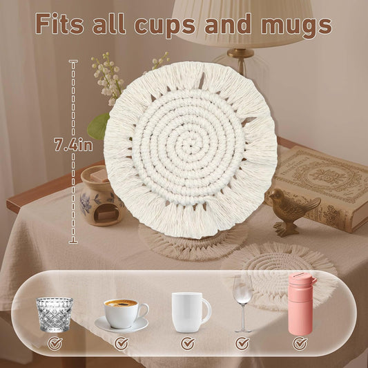 Coomin Boho Coasters for Drinks, Handmade Coasters 7.4in, 2p Beige