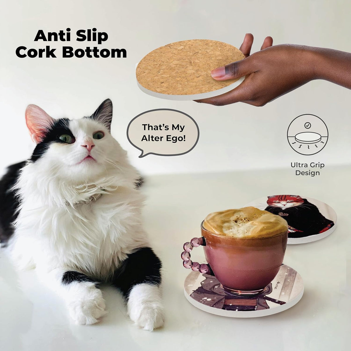 Ninja Cat Coasters Set of 6 - Cat Gifts for Men Anime Decor, Funny Coasters