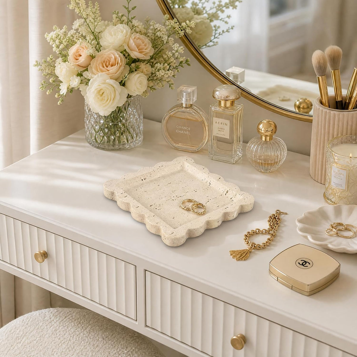 Decorative Scalloped Tray - Travertine Stone Inspired Jewelry Tray