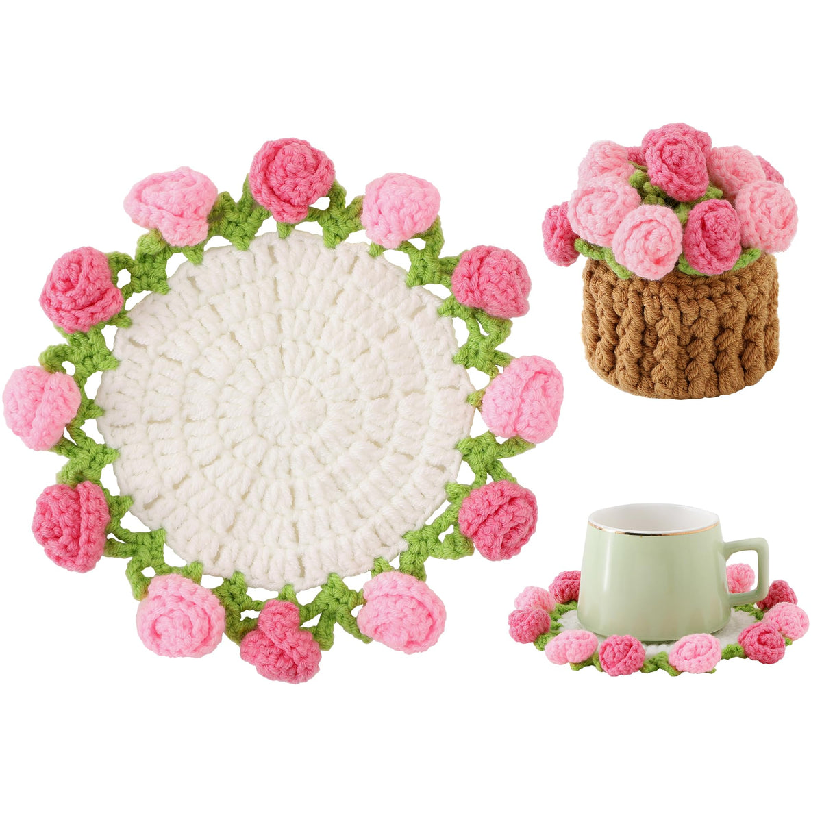 Crochet Flower Coasters, Handmade Bouquet Coasters with Crochet Plant Pot (Pink, 1Pc)