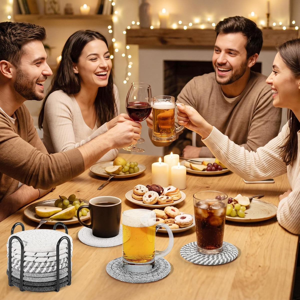10-Pack Cotton Linen Coasters with Holder、Absorbent for Kitchen Dining Bar
