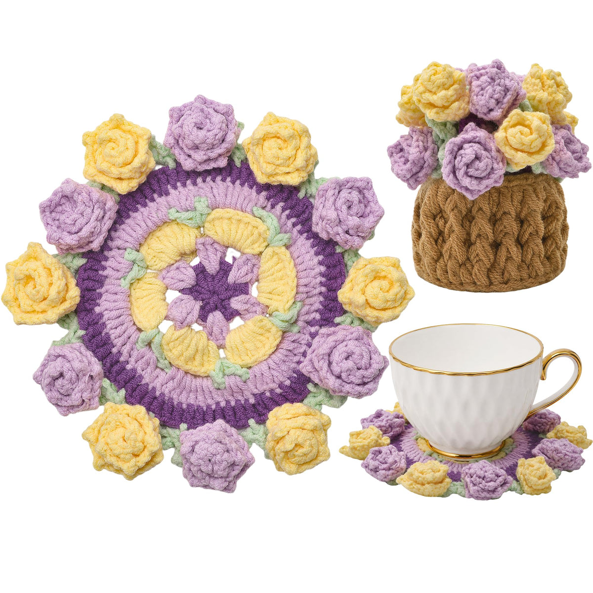 Crochet Flower Coasters, Handmade Bouquet Coasters with Crochet Plant Pot (Pink, 1Pc)
