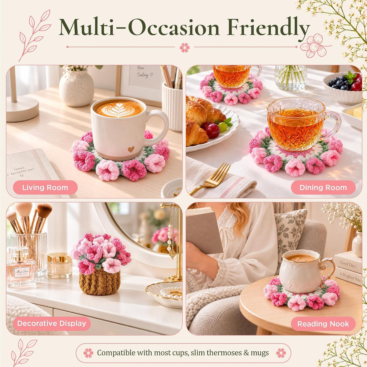 Crochet Flower Coasters, Handmade Bouquet Coasters with Crochet Plant Pot (Pink, 1Pc)