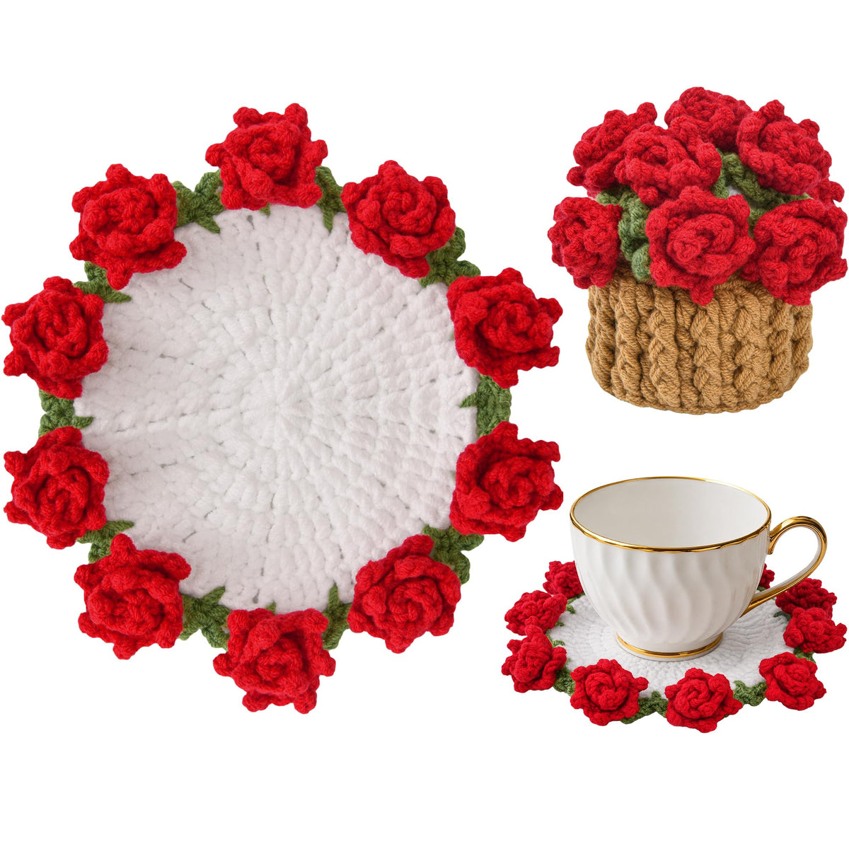 Crochet Flower Coasters, Handmade Bouquet Coasters with Crochet Plant Pot (Pink, 1Pc)