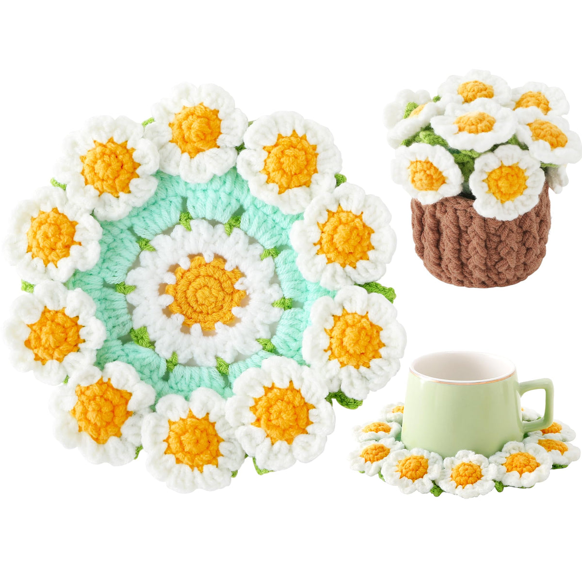 Crochet Flower Coasters, Handmade Bouquet Coasters with Crochet Plant Pot (Pink, 1Pc)