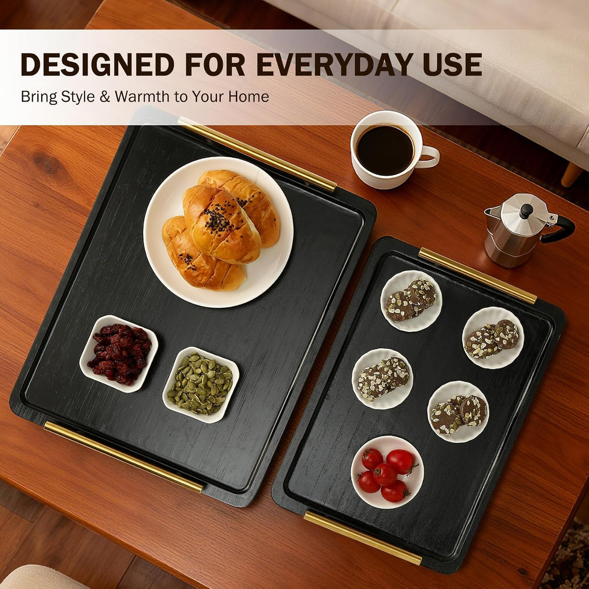 PEKER Wooden Serving Tray with Metal Handles, Black Decorative Coffee Table Tray for Breakfast in Bed, Ottoman & Home Décor, Wooden Food Tray for Kitchen, Living Room & Dining Table