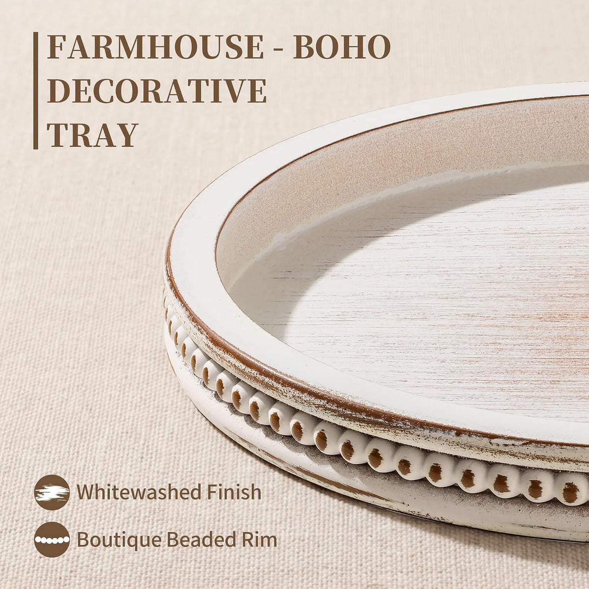 Hanobe Decorative Tray for Coffee Table: 11.8" Round Whitewashed Wood Tray for Rustic Farmhouse Living Room Kitchen Island Entryway Home Decor