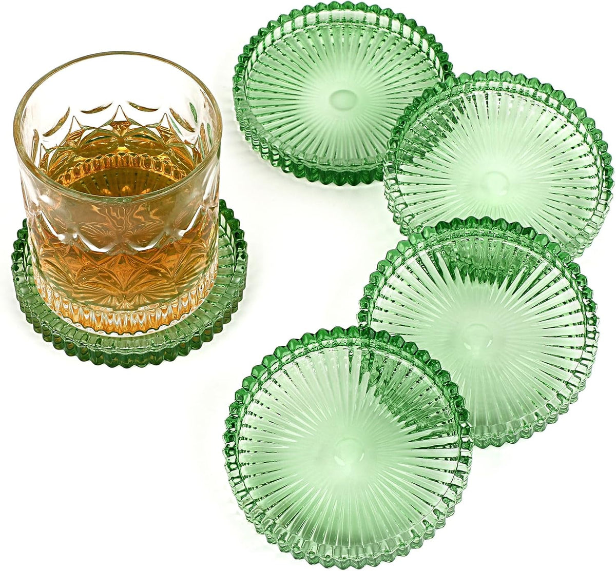 Modern Clear Coaster Set of 5- Glass Coasters for Drinks, Clear Green