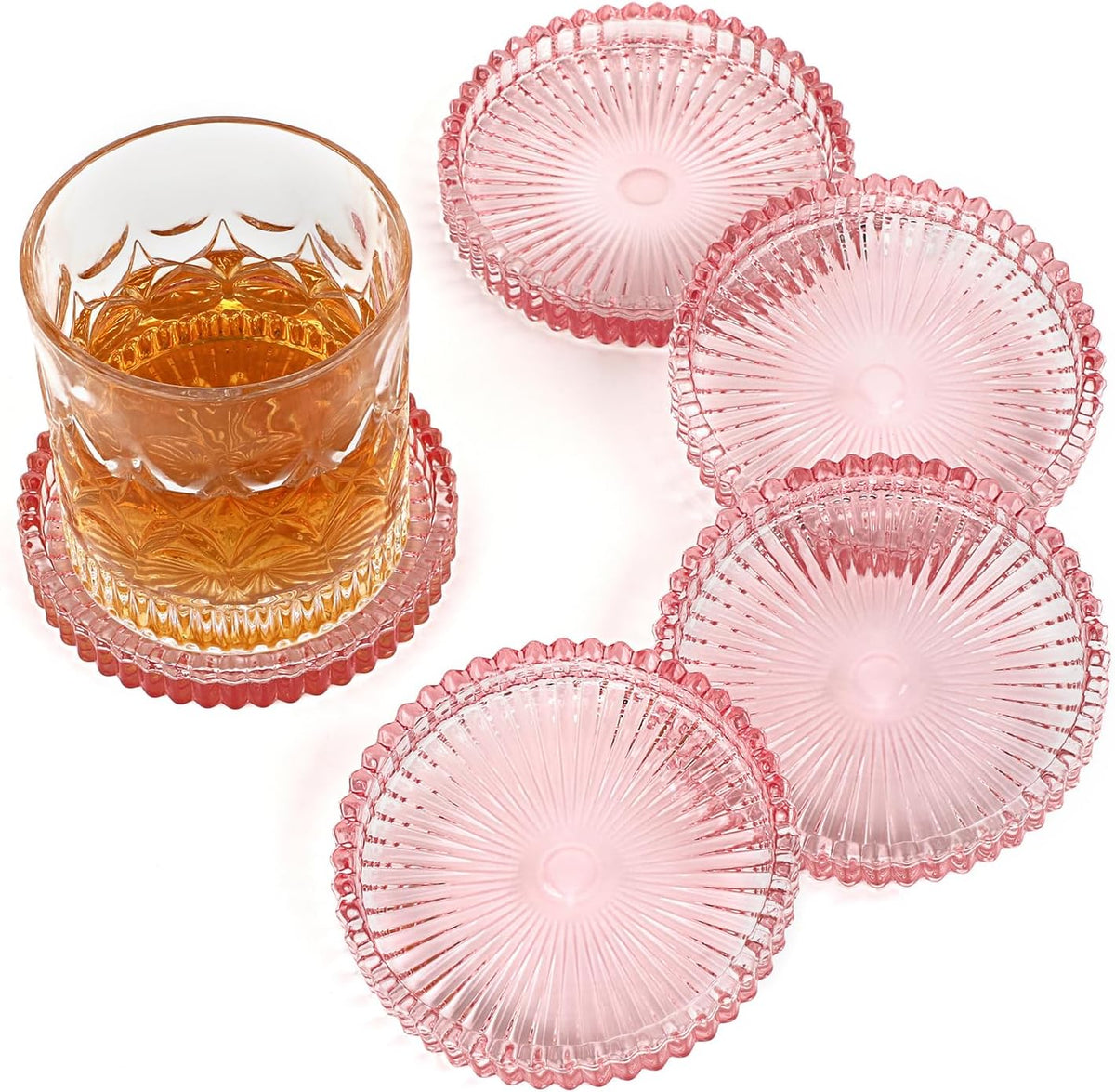 Modern Clear Coaster Set of 5- Glass Coasters for Drinks, Clear Pink