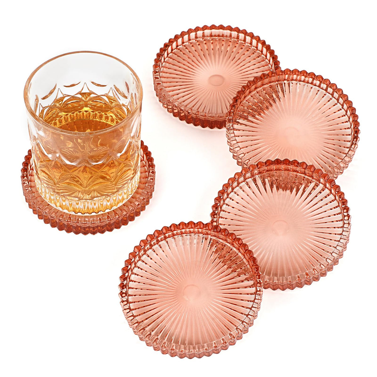 Modern Clear Coaster Set of 5- Glass Coasters for Drinks, Clear Pink