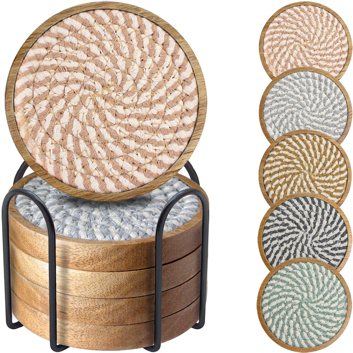 Wood Coasters for Drinks, Eykao Absorbent Coaster Sets of 5, Woven Drink Coasters for Coffee Table, Housewarming Gift for Farmhouse Home Decor,4 inches