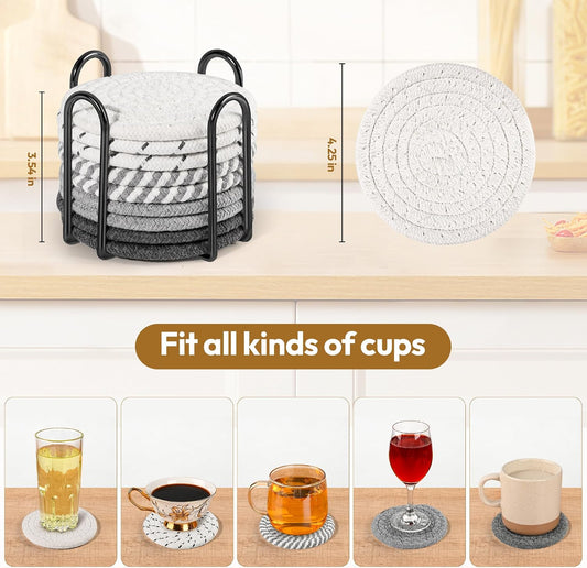 10-Pack Cotton Linen Coasters with Holder、Absorbent for Kitchen Dining Bar