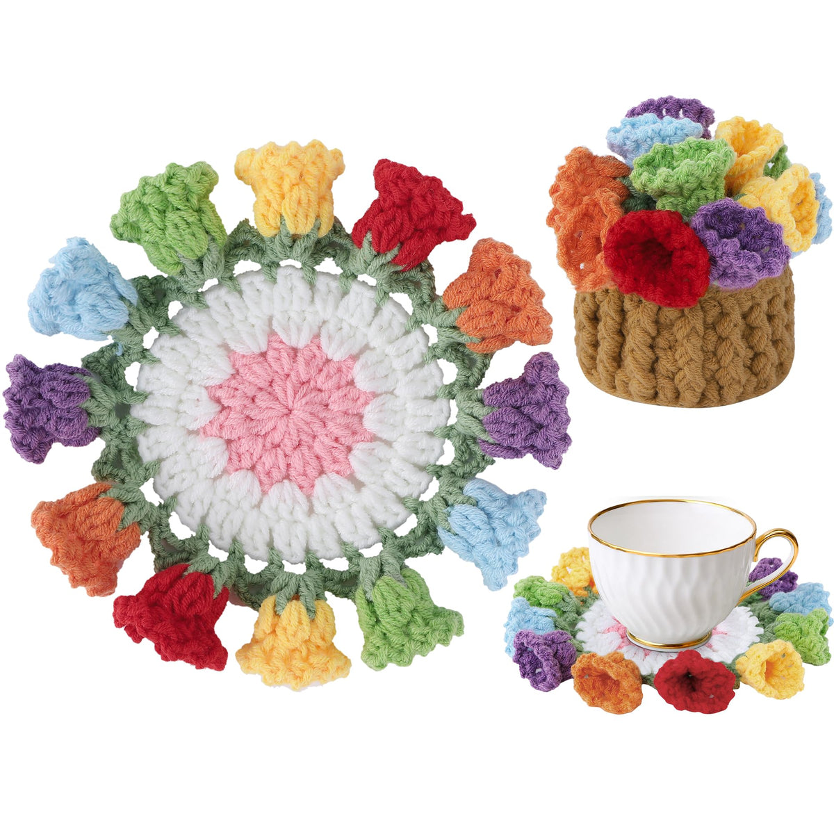 Crochet Flower Coasters, Handmade Bouquet Coasters with Crochet Plant Pot (Pink, 1Pc)