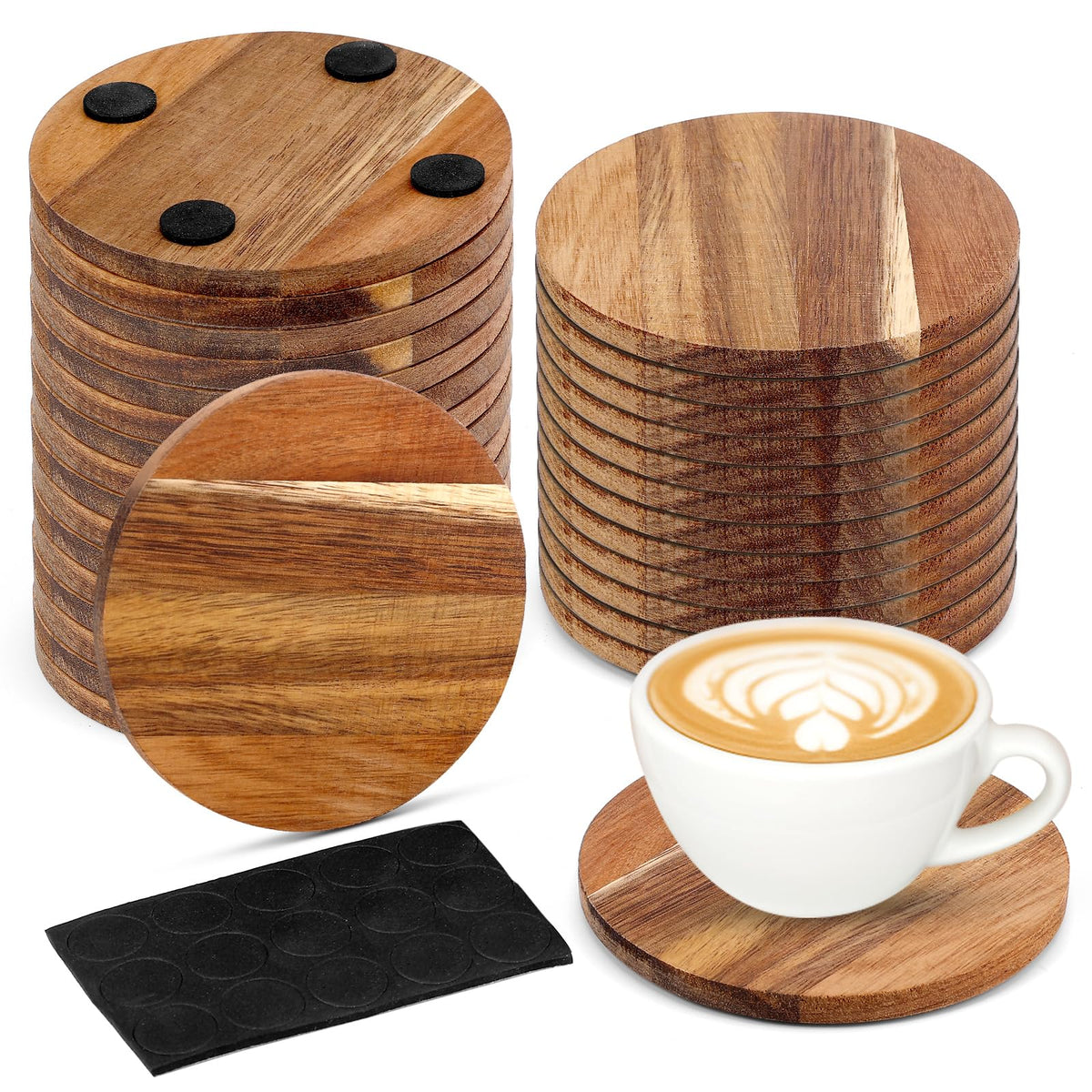 24 Pack Unfinished Acacia Wood Coasters, 4 Inch Square Blank Wooden Coasters for Laser Engraving, DIY Crafts, Painting & Drinks, with Non-Slip Pads