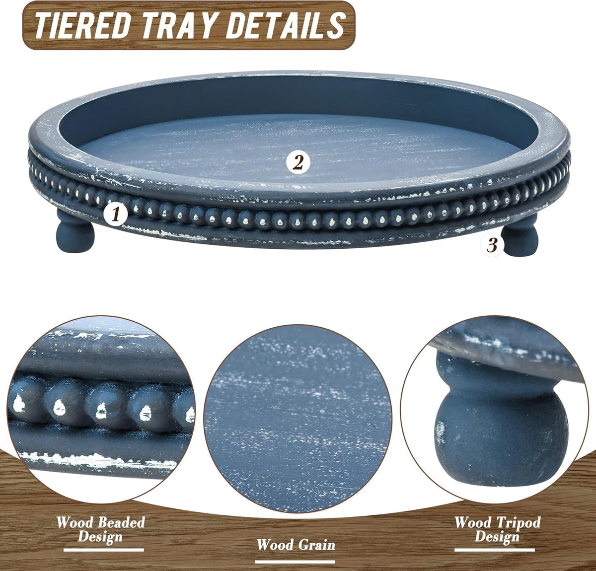 Handmade 12 Inch Decorative Tray, Small Beaded Tray Coffee Table Decor, Blue Decorative Display Risers for Coffee Table, Dining Room Entryway and Living Room