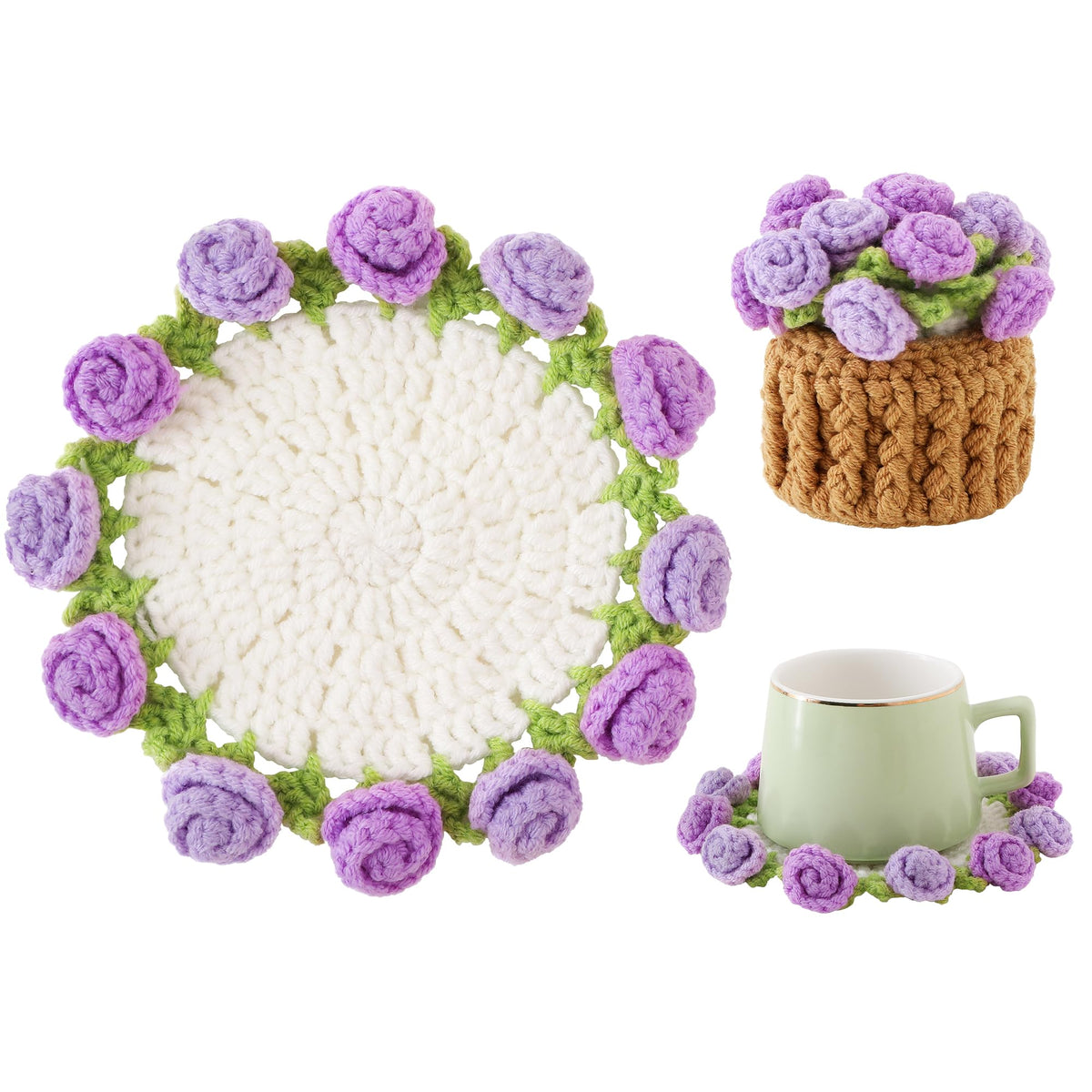 Crochet Flower Coasters, Handmade Bouquet Coasters with Crochet Plant Pot (Pink, 1Pc)