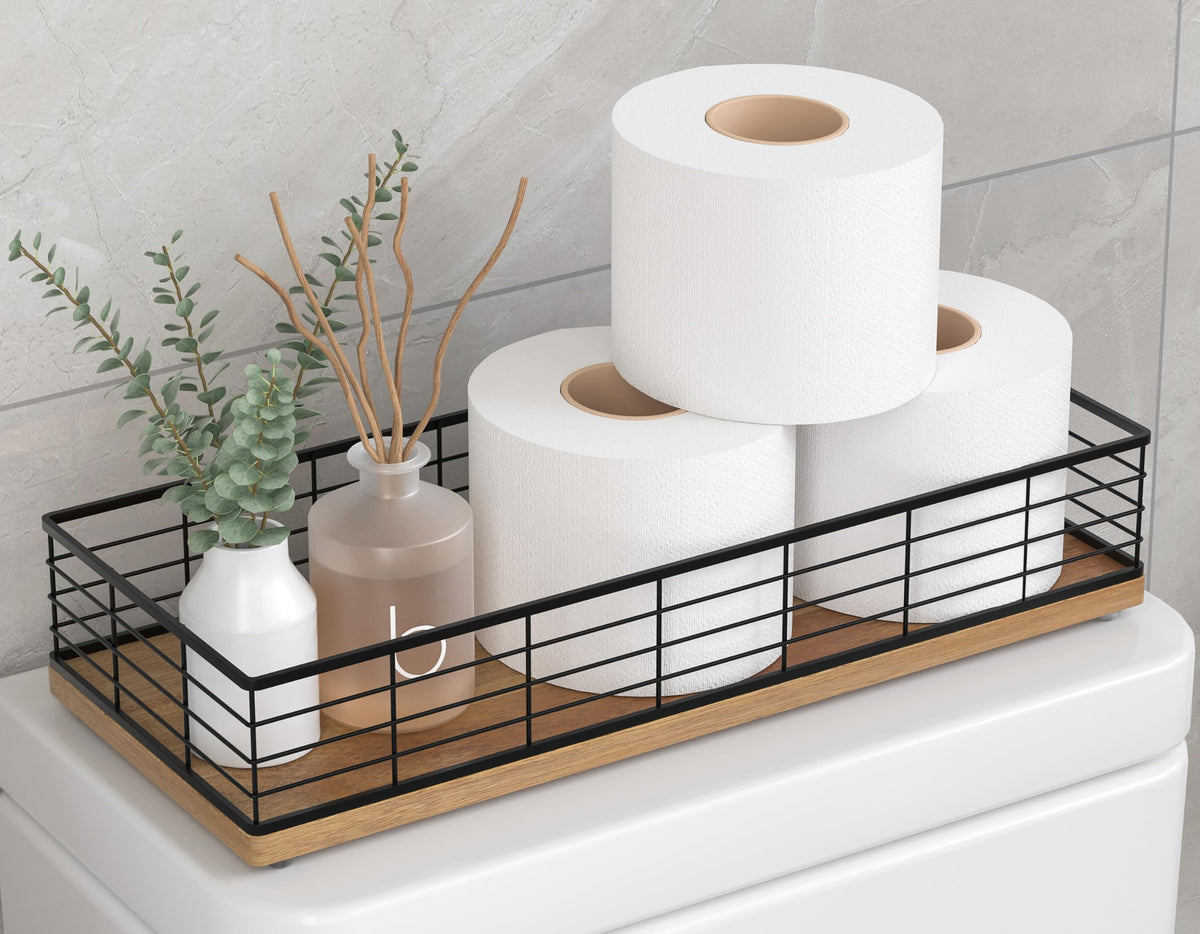 Bathroom Tray for Counter Top Organizer, Oak Wood Vanity Tray