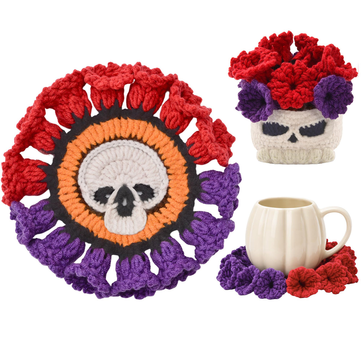 Crochet Flower Coasters, Handmade Bouquet Coasters with Crochet Plant Pot (Pink, 1Pc)