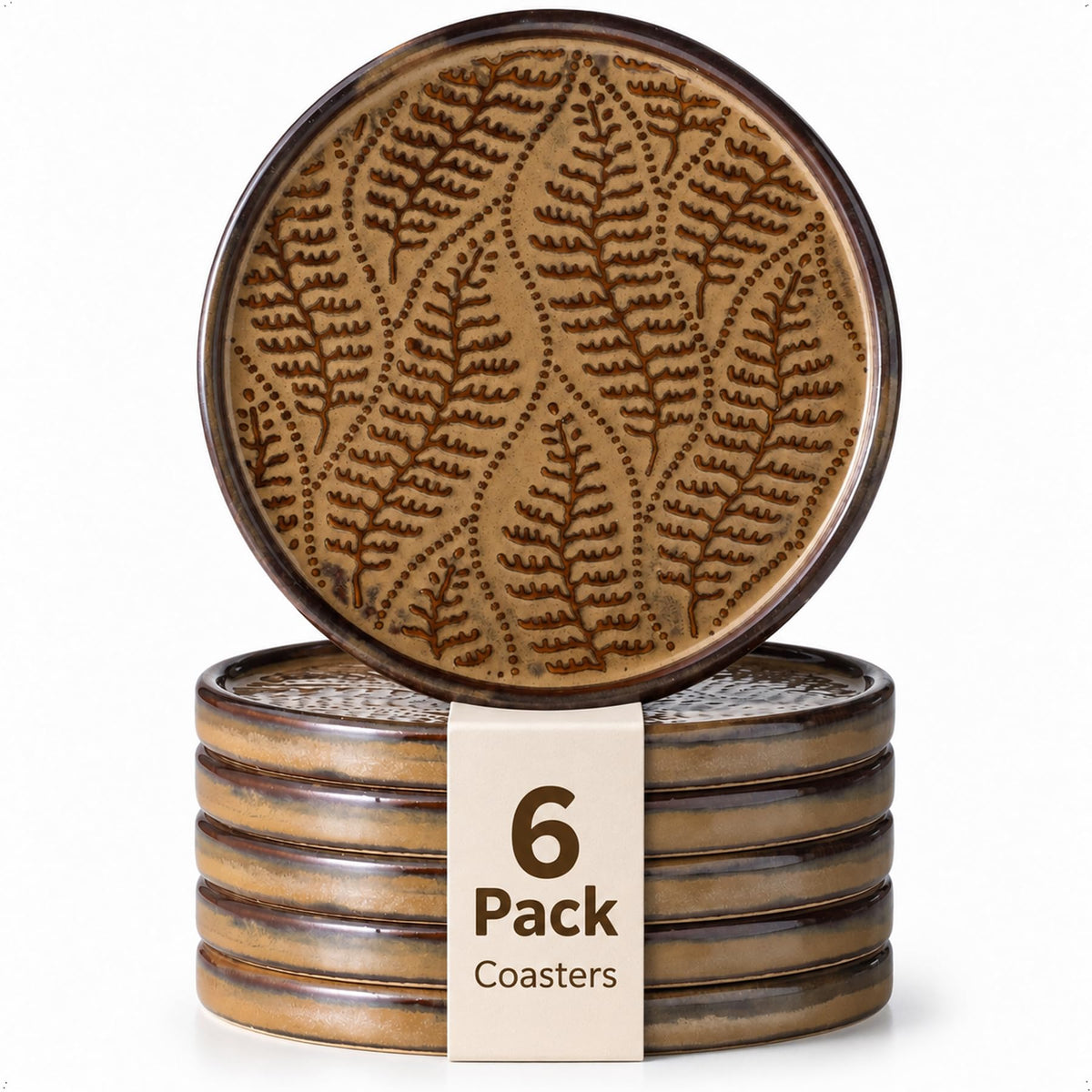 Ceramic Coasters Set of 6, Drink Coasters Coffee Table Decor, Brown