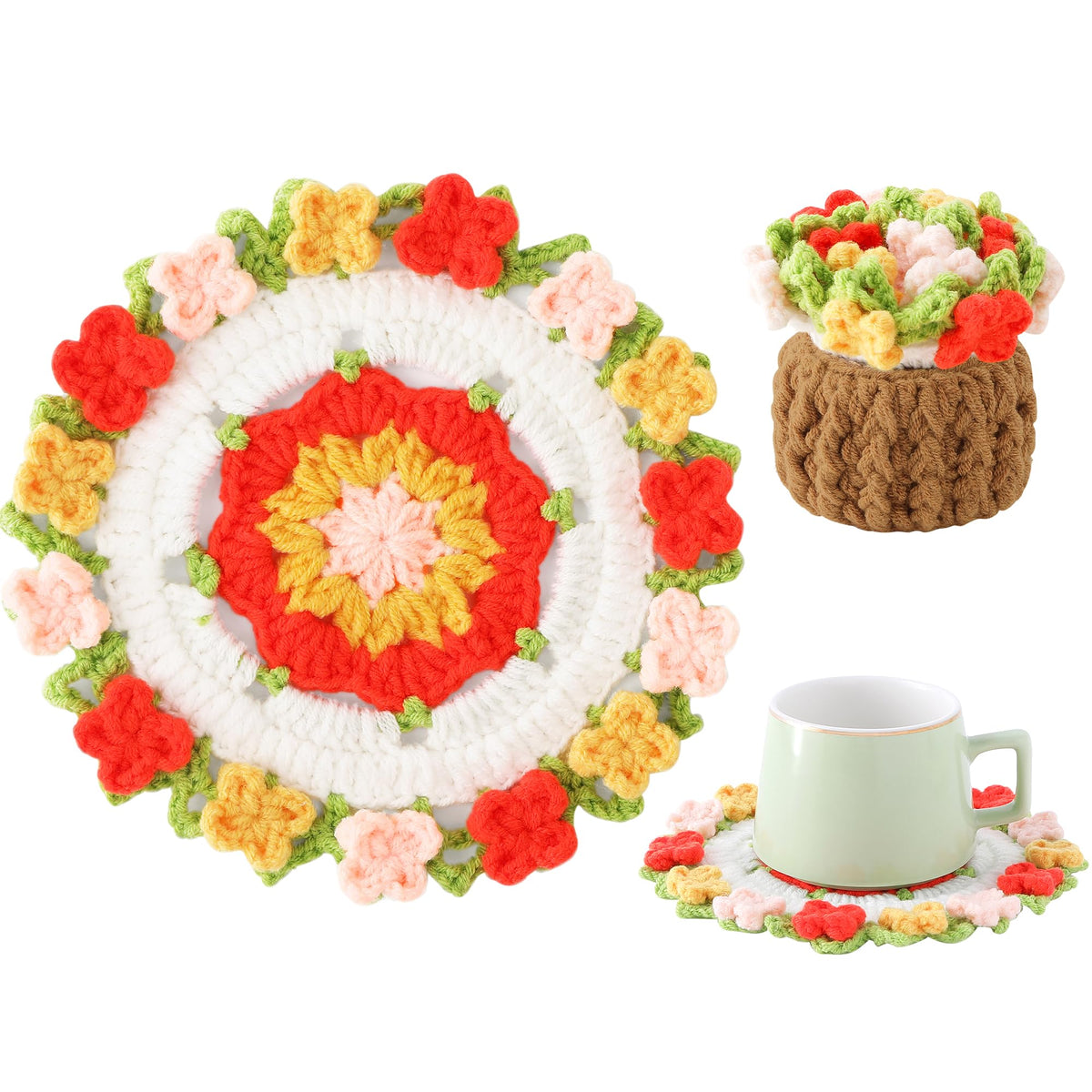 Crochet Flower Coasters, Handmade Bouquet Coasters with Crochet Plant Pot (Pink, 1Pc)