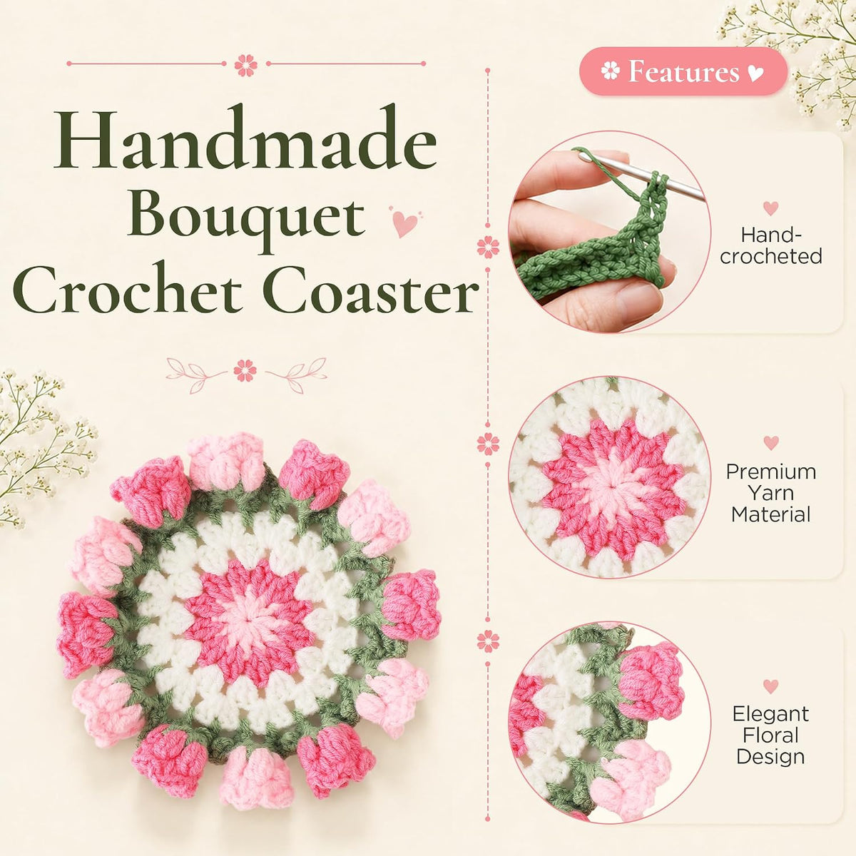 Crochet Flower Coasters, Handmade Bouquet Coasters with Crochet Plant Pot (Pink, 1Pc)