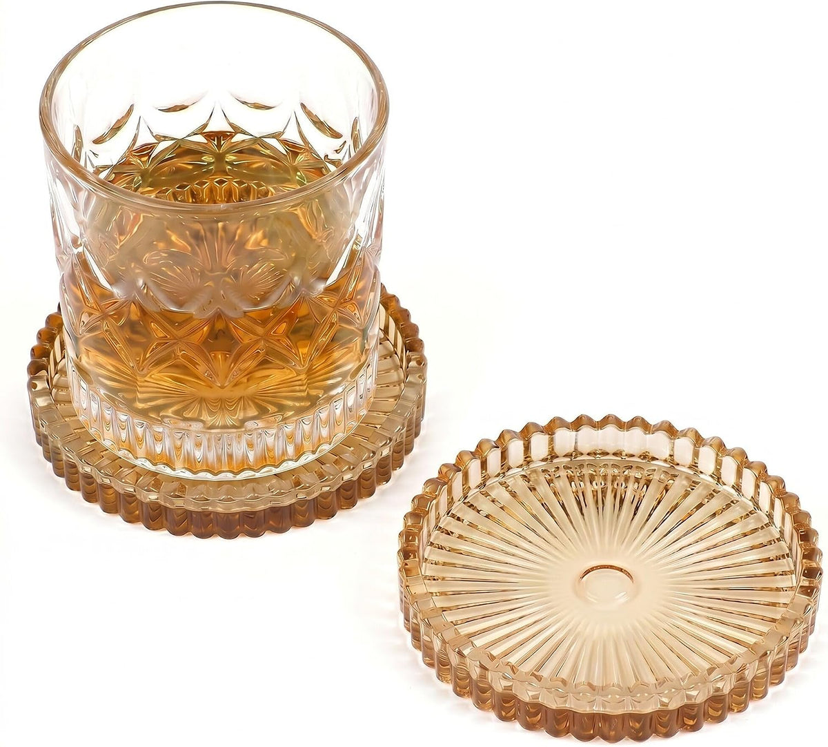 Modern Clear Coasters Set of 2- Glass Cup Coaster for Drinks, Clear Amber