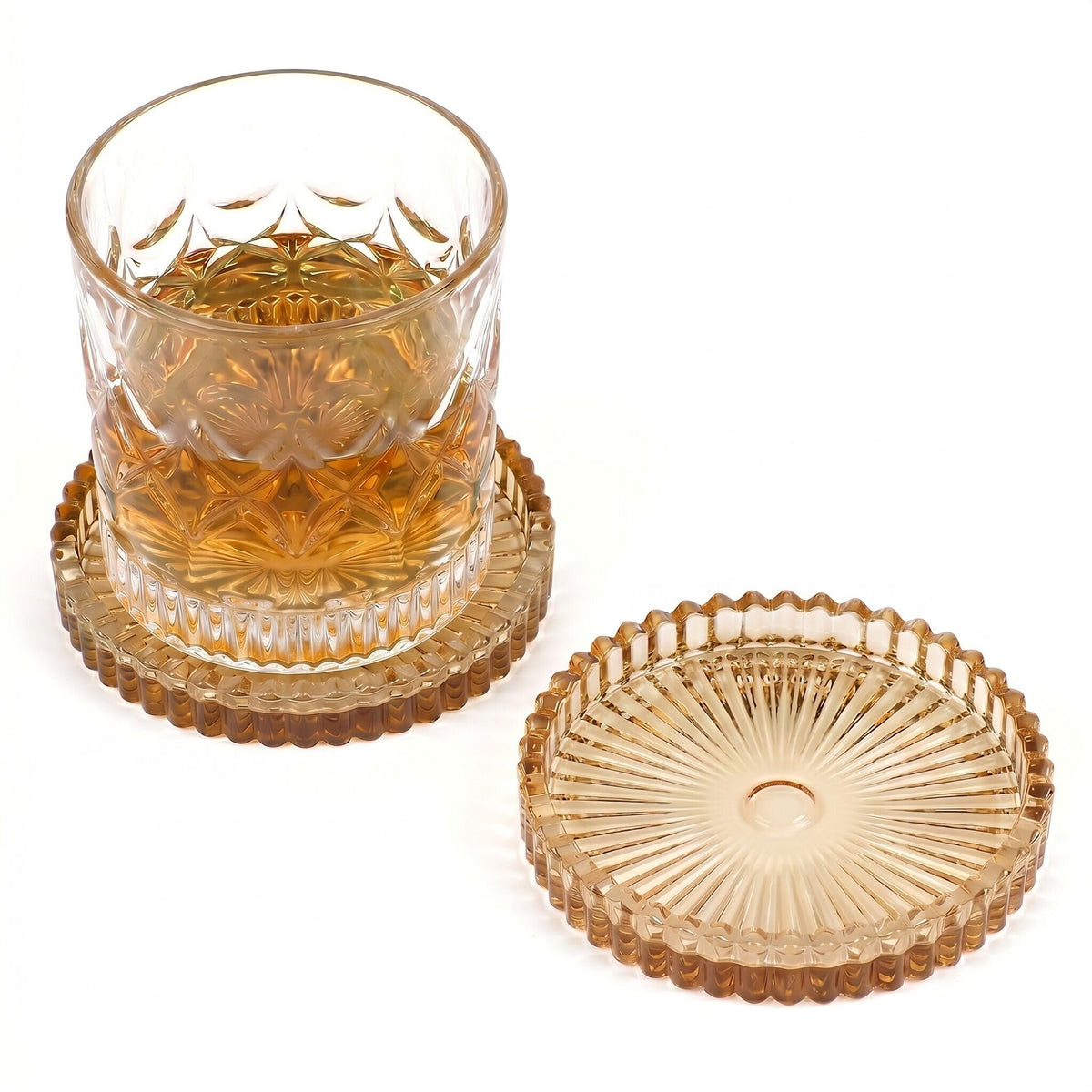 Modern Clear Coasters Set of 2- Glass Cup Coaster for Drinks, Clear Amber