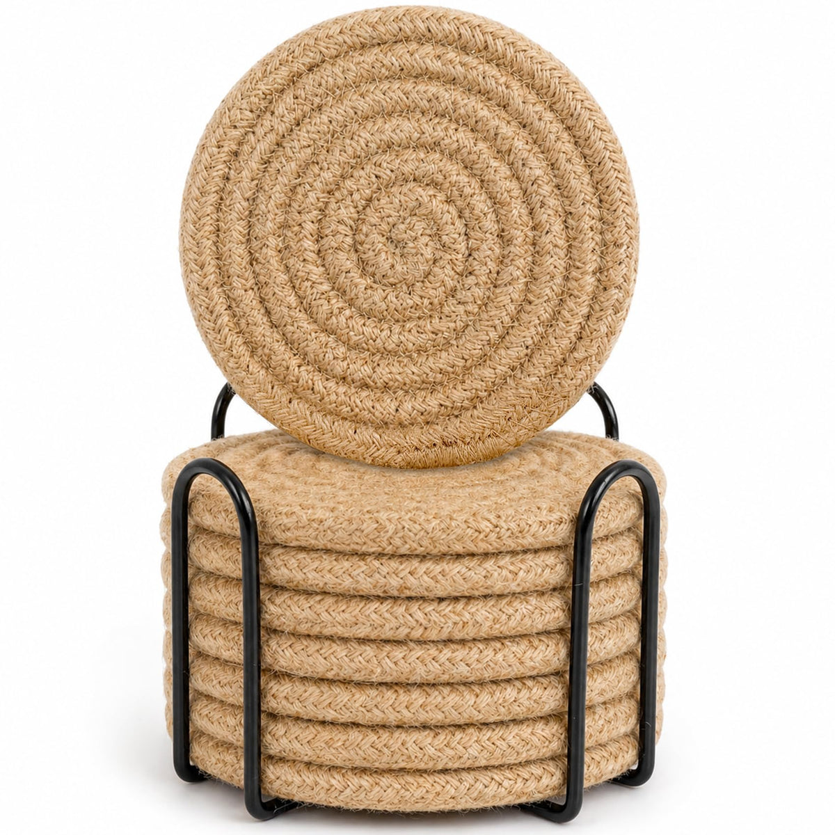 ABenkle 8 Pcs Drink Coasters with Holder, Cotton Woven Absorbent Coasters for Drinks, Minimalist Home Decor Coaster Set for Wooden Tabletop Protection Table, 4.3 inches Mixed Brown