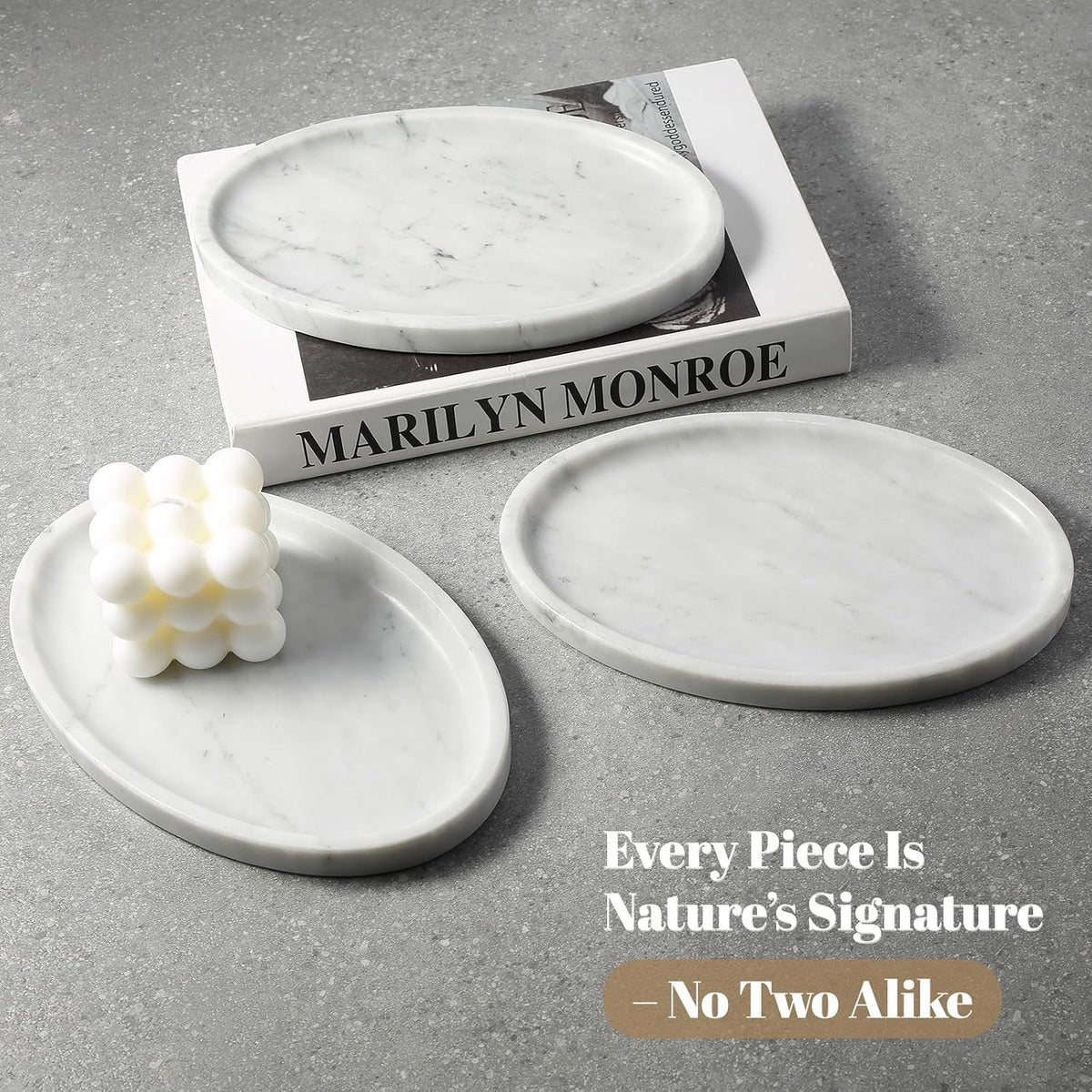 Koville Carrara Marble Tray, Oval Vanity Decorative Marble Tray for Home, Countertop Organizer, Catchall Tray for Perfume, Candles, Jewelry
