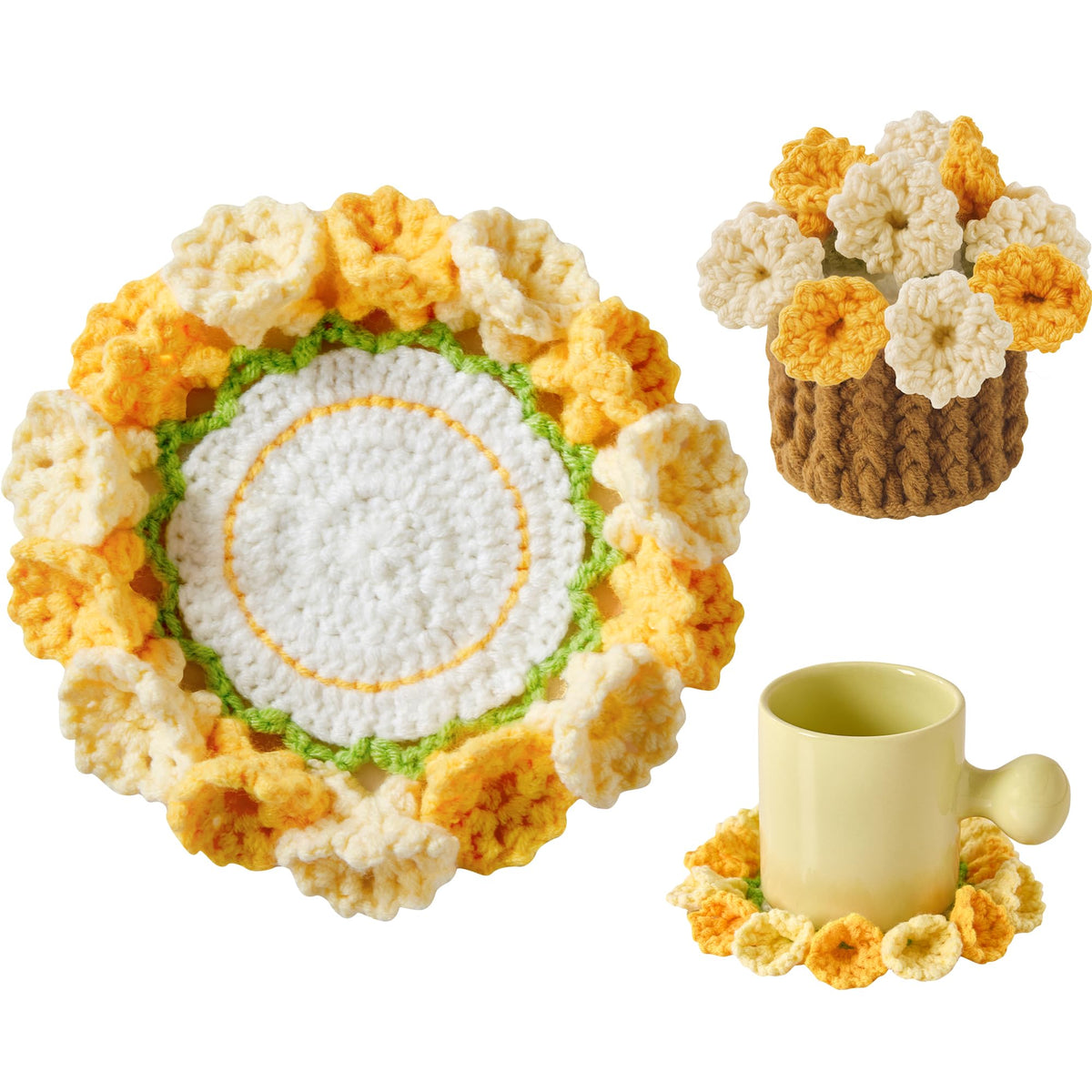 Crochet Flower Coasters, Handmade Bouquet Coasters with Crochet Plant Pot (Pink, 1Pc)